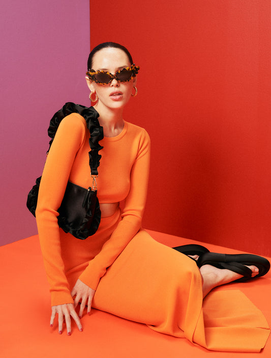 Frilled Satin Bag - Black