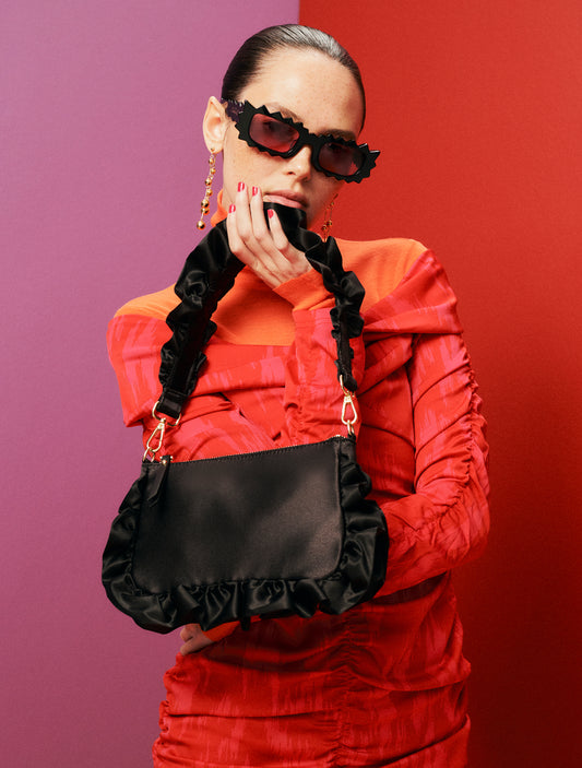 Frilled Satin Bag - Black