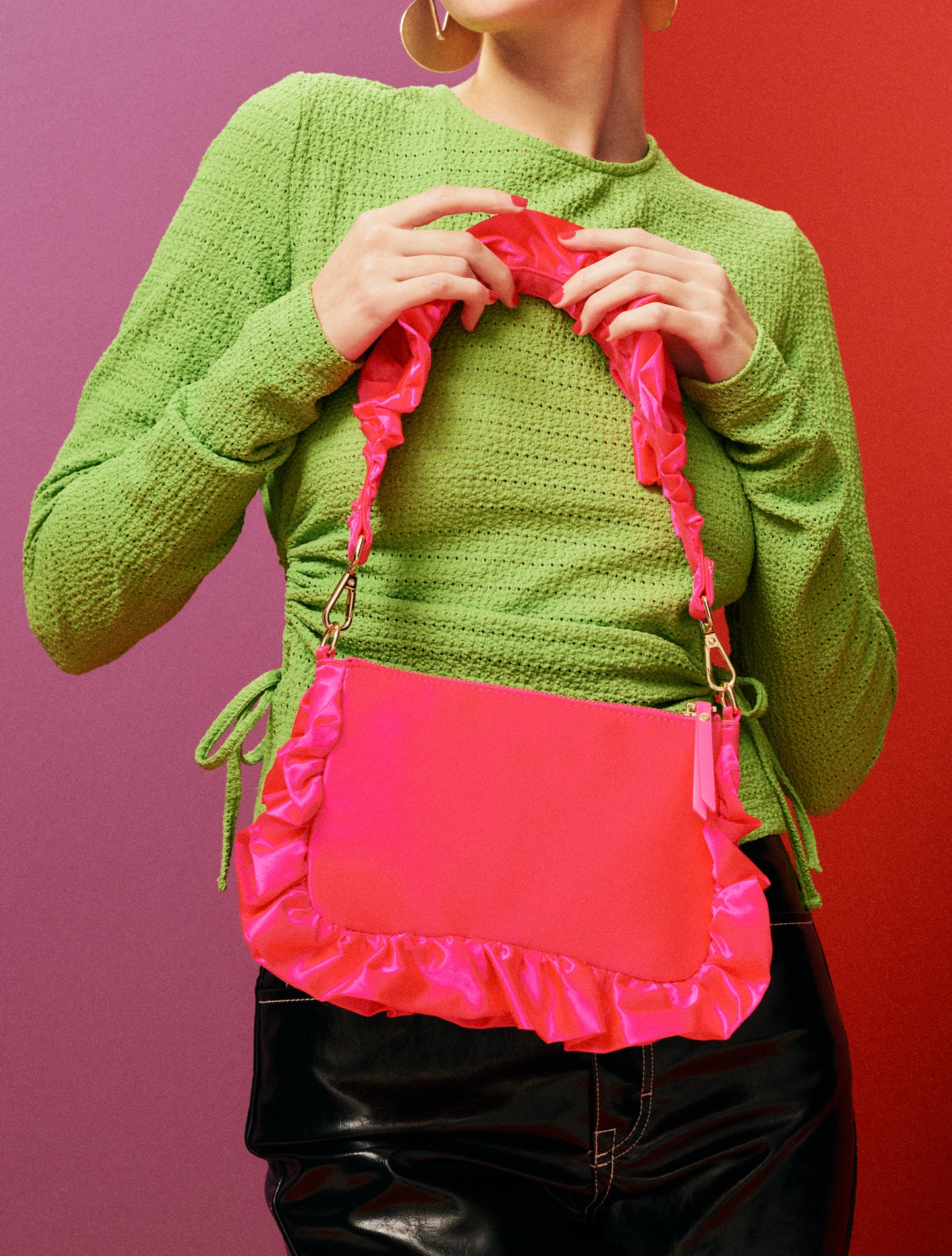 Frilled Satin Bag - Hot Pink